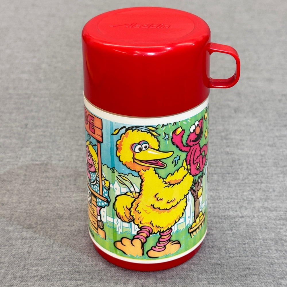 Vintage Aladdin Sesame Street 8oz Thermos Big Bird Elmo Red Cup Lid USA Made